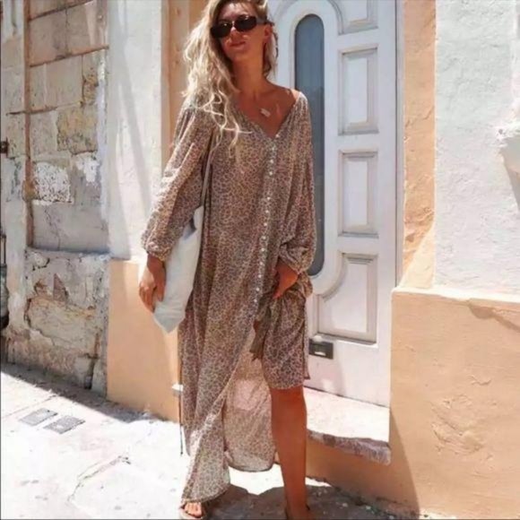 Bohemian Leopard Print Maxi Dress Button Up Gypsy - Picture 6 of 16